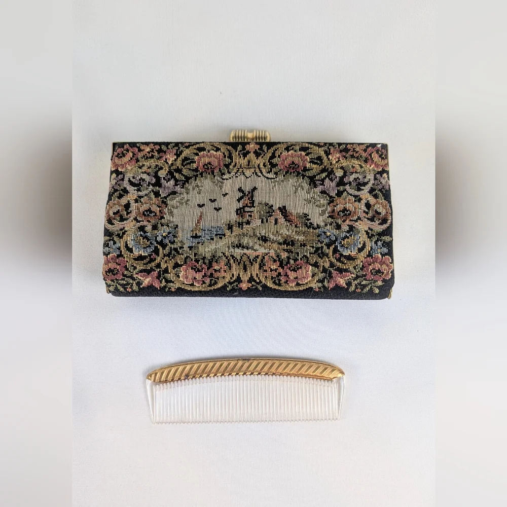 Vintage Armando del Storti Needlepoint Tapestry Clutch Italian Windmill Brass